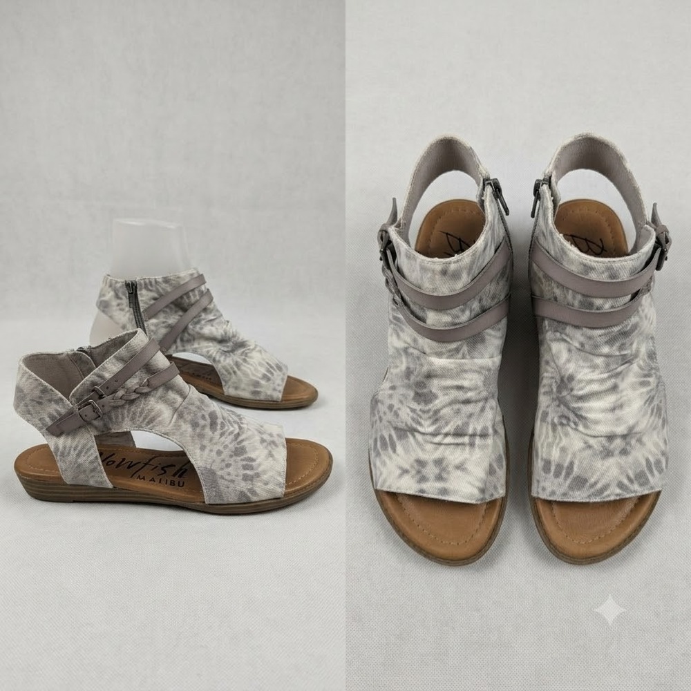 Blowfish Malibu Womens Grey Tie Dye Ruched Canvas Buckle Sandal Size 10 Vegan